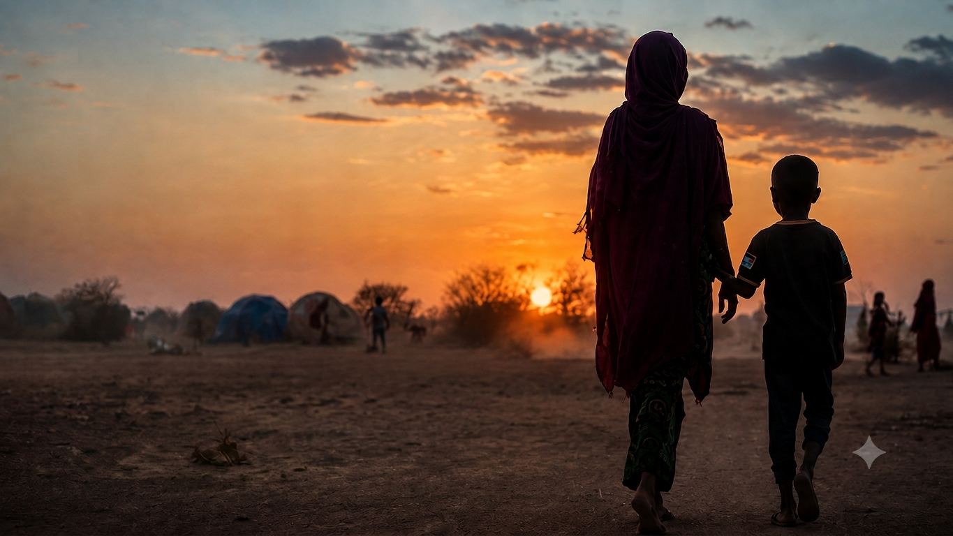 Travelers walking toward a sunset